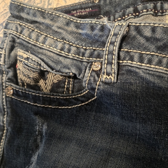 Y2K Vigoss Chelsea Straight Distressed Blue Jeans Women’s 7/8 Rhinestones Bling - Picture 5 of 16